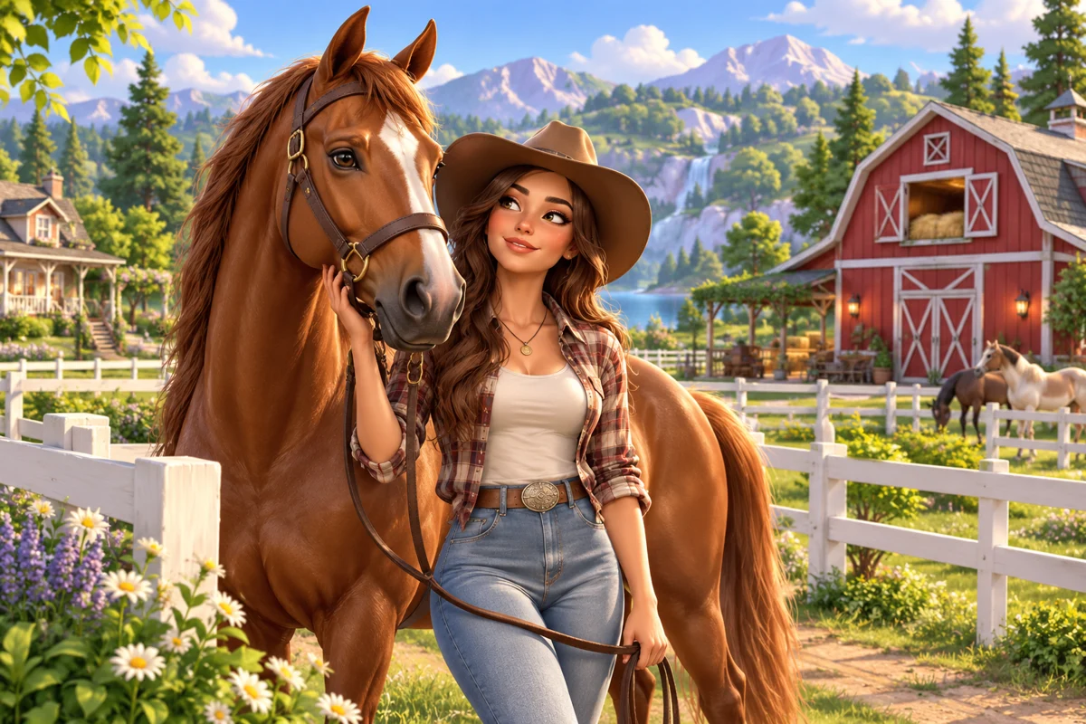 Un ranch et son cheval dans un paysage verdoyant